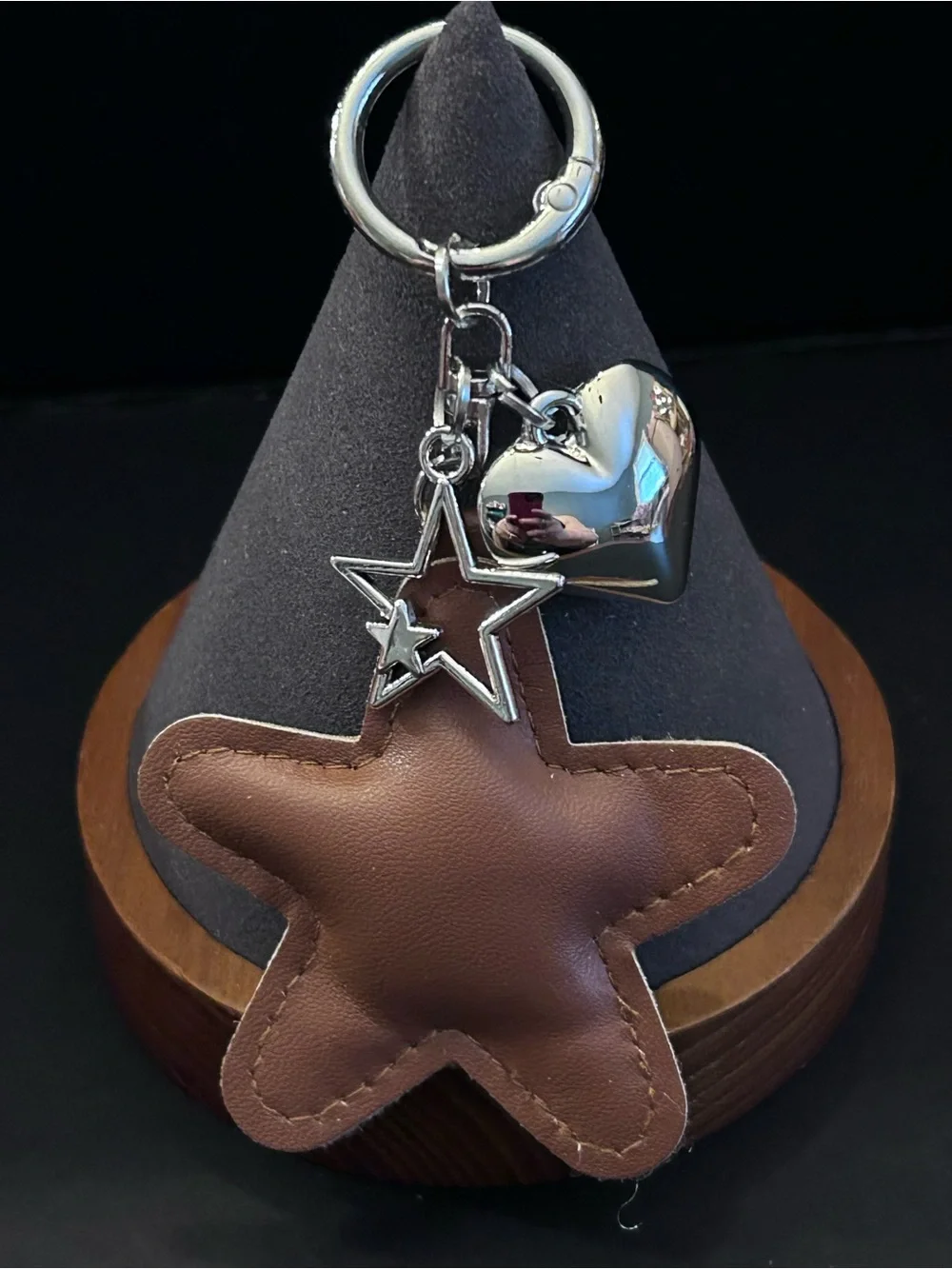 FauxLeather Star Bag Charm Keychain w/Silver Heart & Star Charms Choice of Color